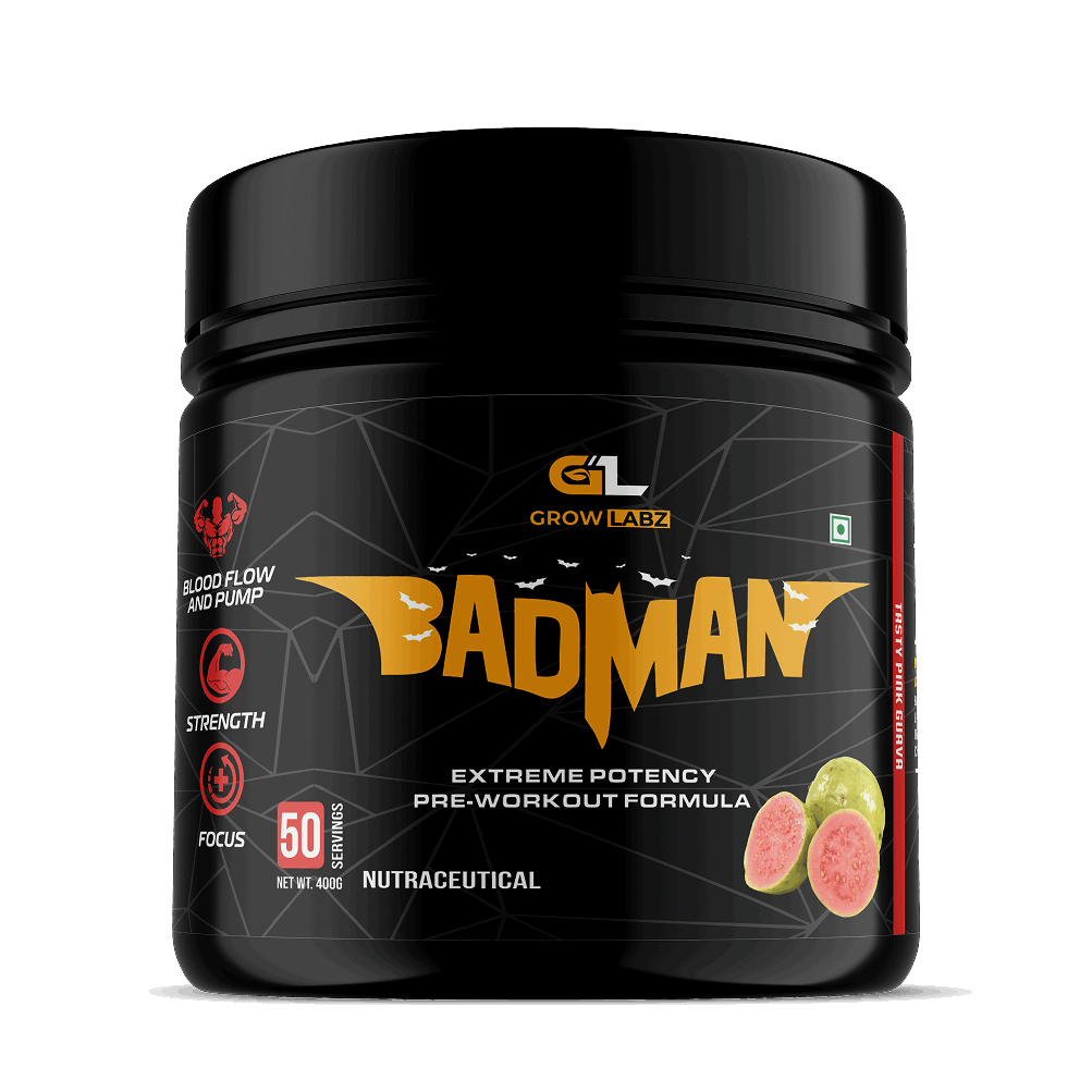 Black supplement container labeled 'Bad Man' with branding on a white background