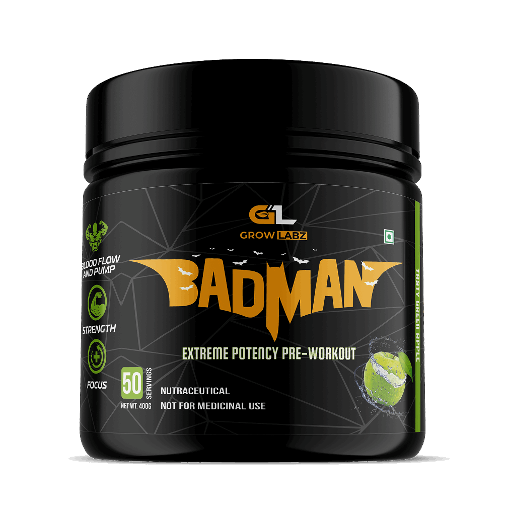 Black container of 'Bad Man' pre-workout supplement with 'Grow Labz' branding on a white background