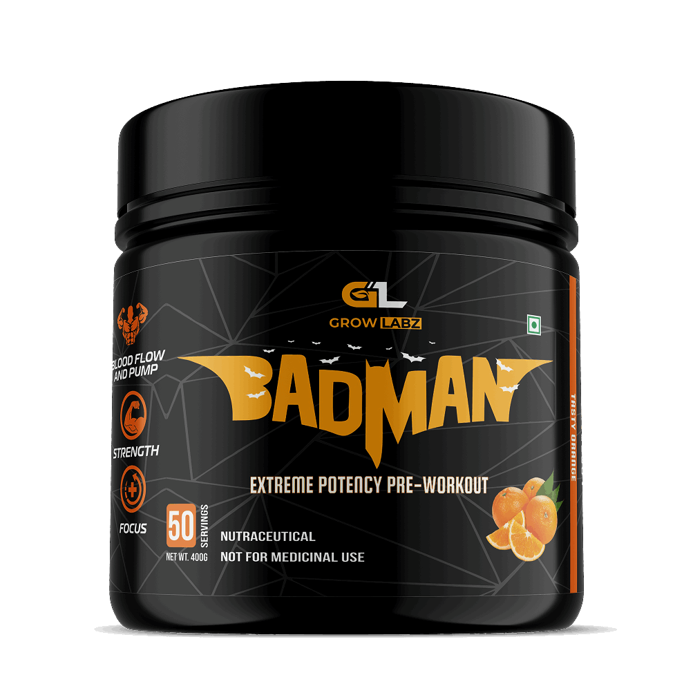 Black container of 'Bad Man' pre-workout supplement with orange accents on a white background