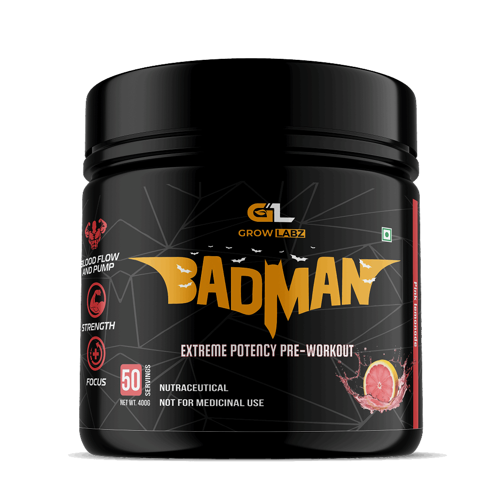 Black pre-workout supplement container labeled 'Badman' on a white background