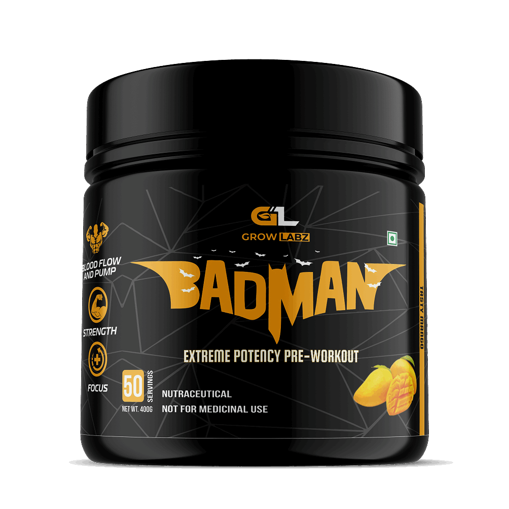 Black pre-workout supplement container labeled 'Badman' with yellow text on a white background