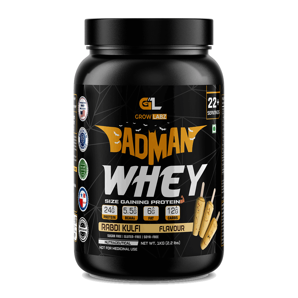 Black container of Badman Whey protein powder with yellow text on a white background
