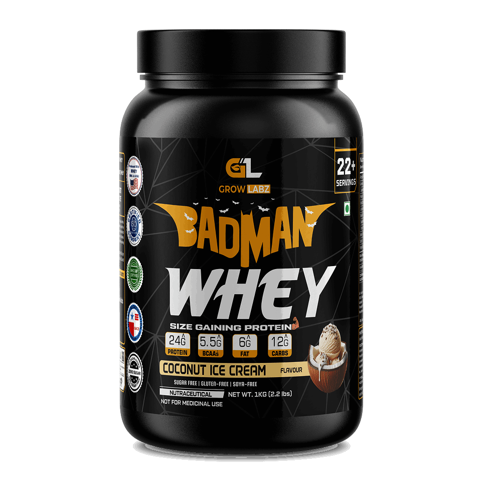 Black container of Badman Whey protein powder with coconut ice cream flavor on a white background