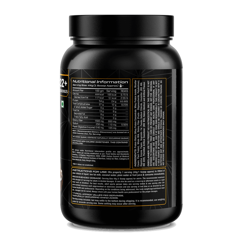 Black supplement container with nutritional information label on a white background