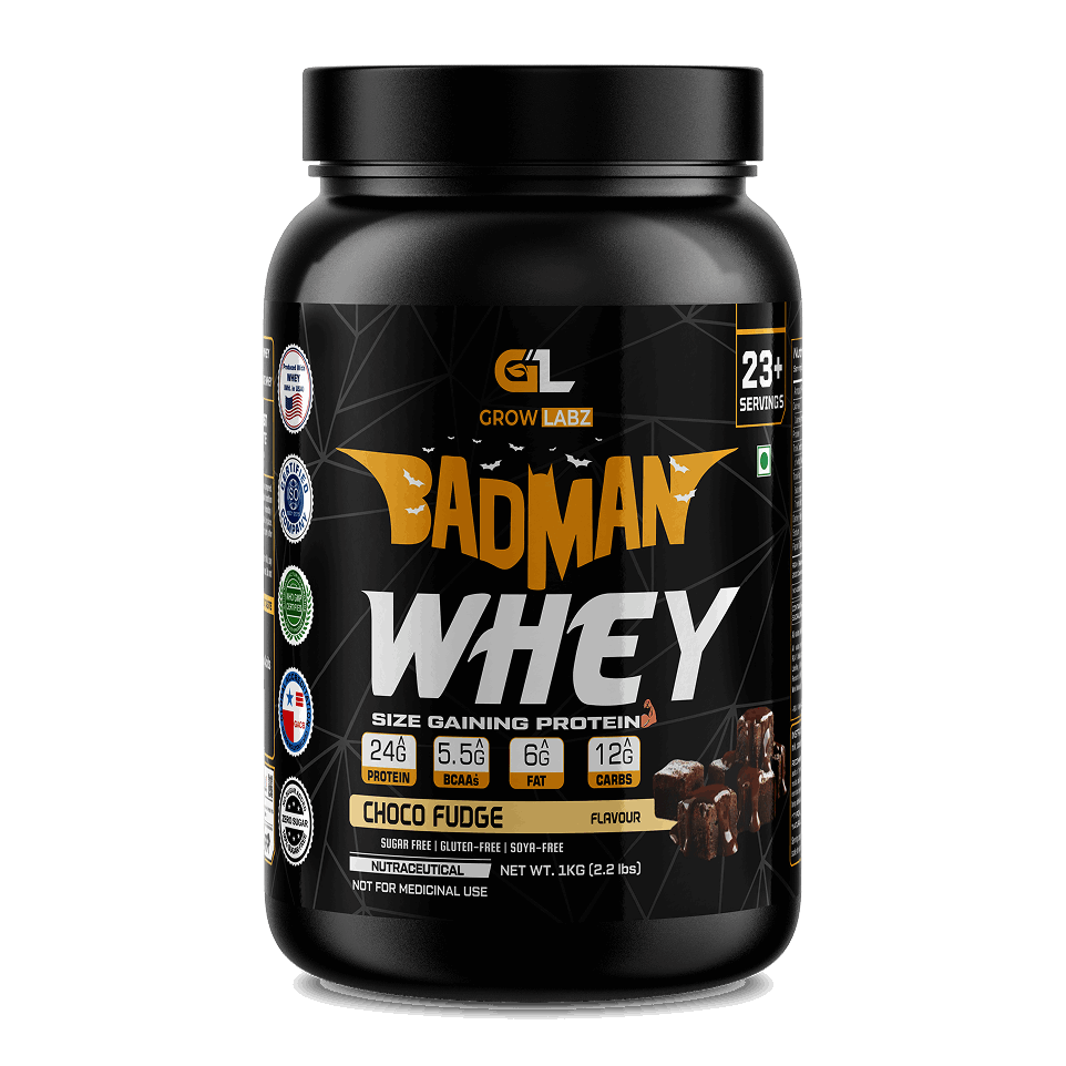 Black protein powder container labeled 'Badman Whey' on a white background