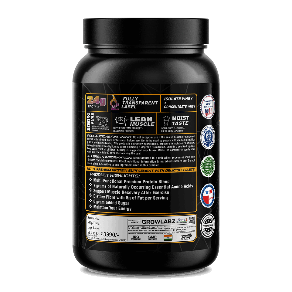 Black protein supplement container with detailed label on a white background