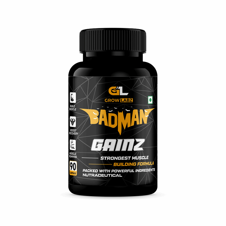 Supplement bottle labeled 'Badman Gainz' with 'Grow Labs' branding on a white background