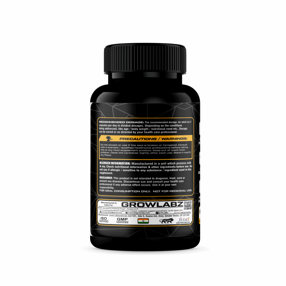 Black supplement bottle with 'Growlabz' branding on a white background