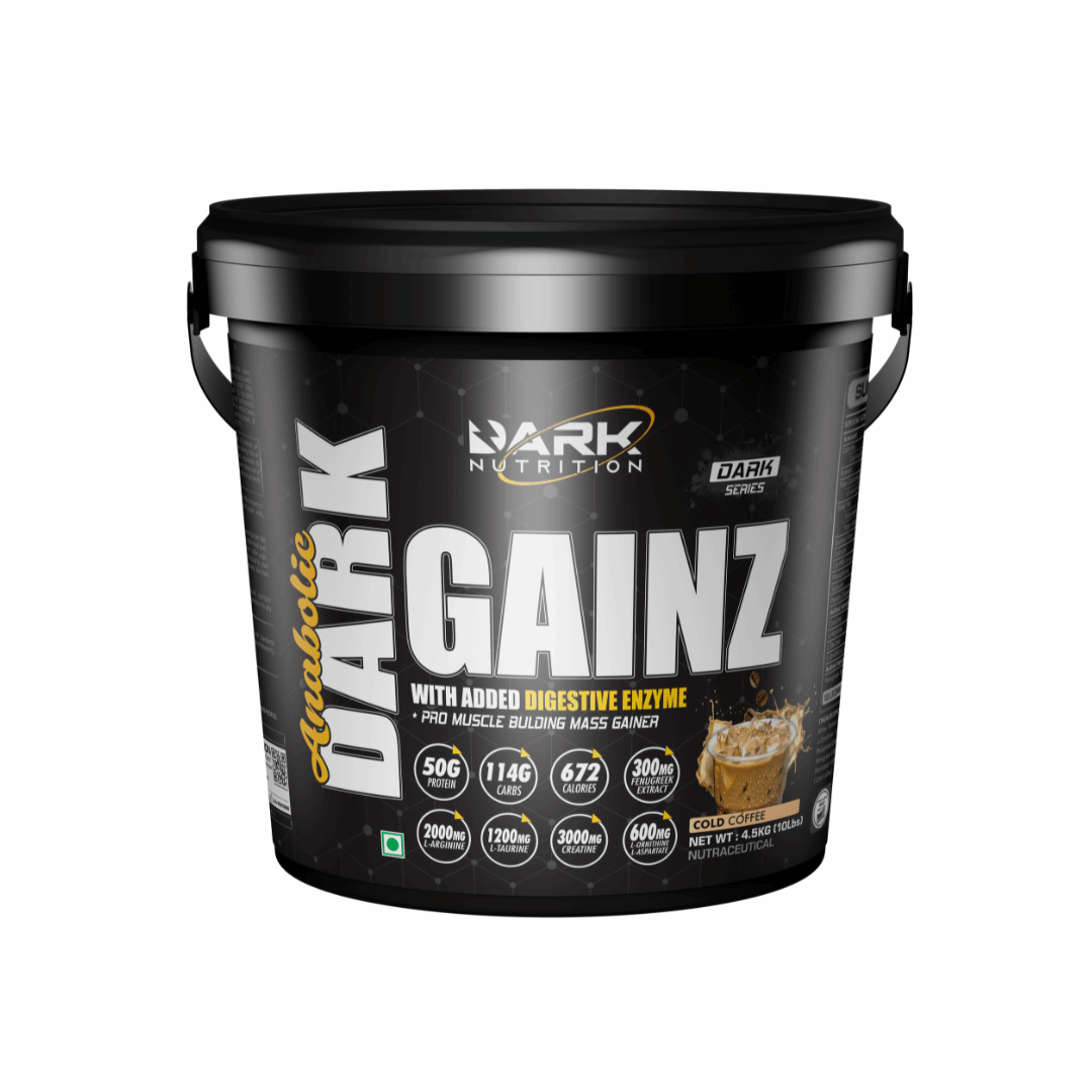 Black container of Dark Nutrition Gainz supplement on a white background