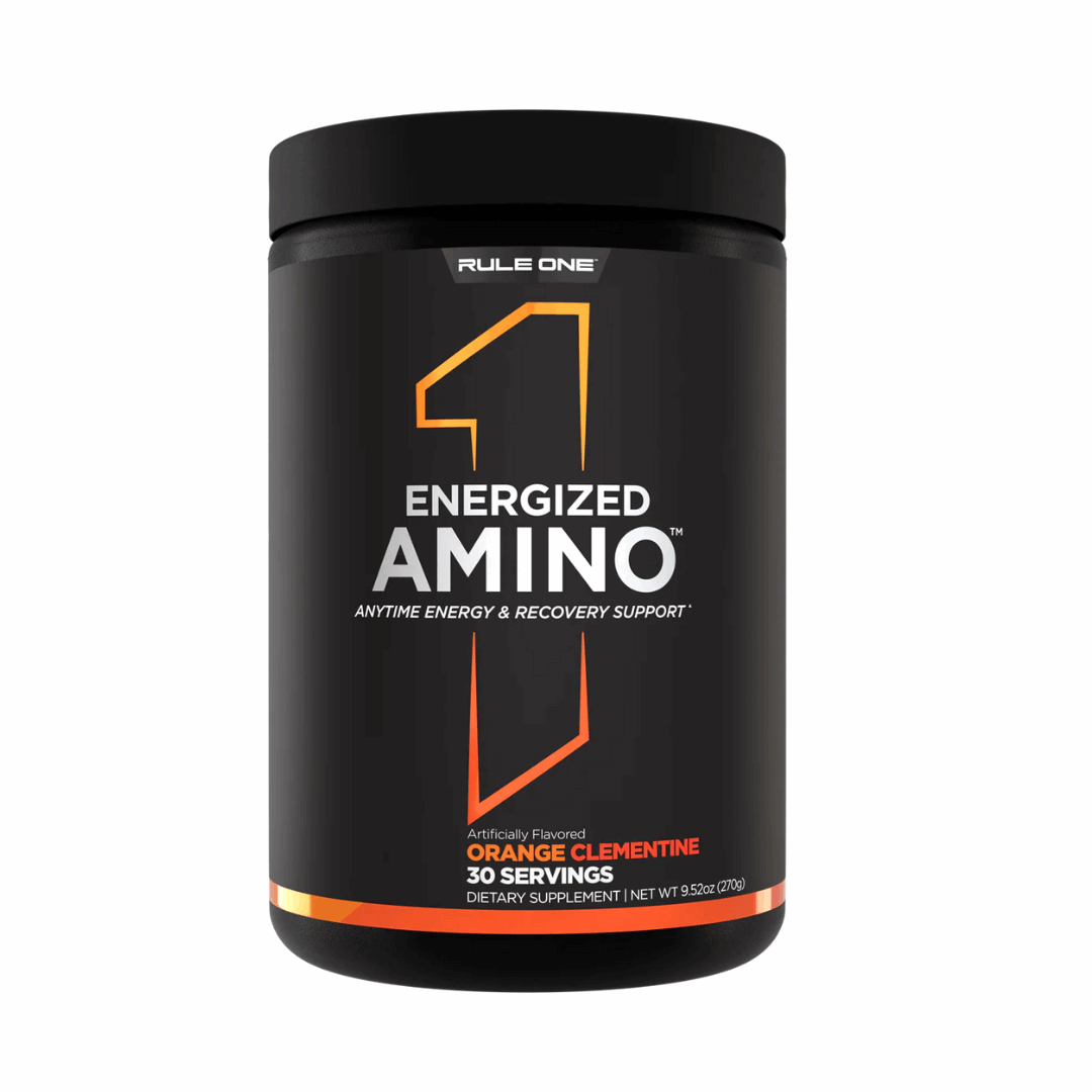 Black container of 'Energized Amino' supplement with Rule One branding on a white background