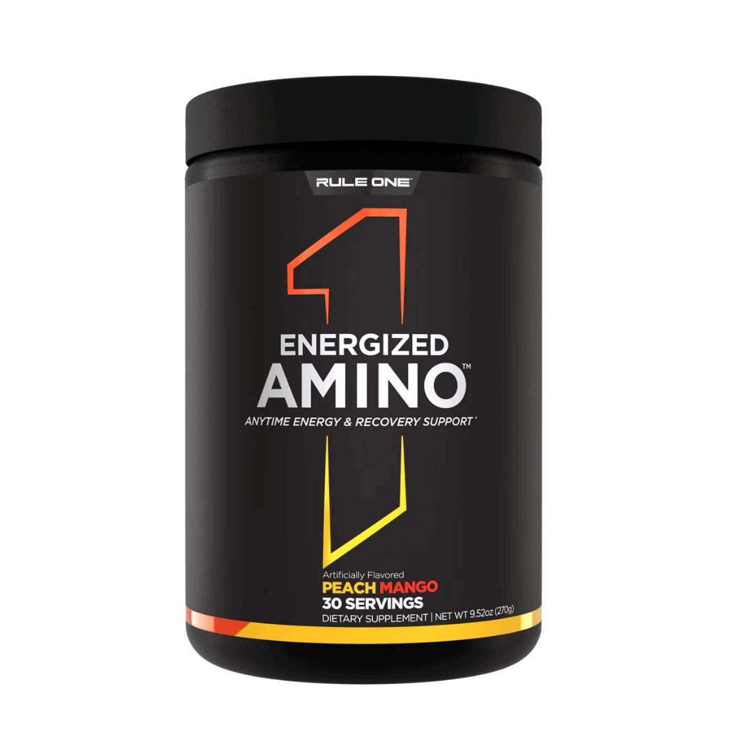 Black container of Rule One Energized Amino supplement on a white background