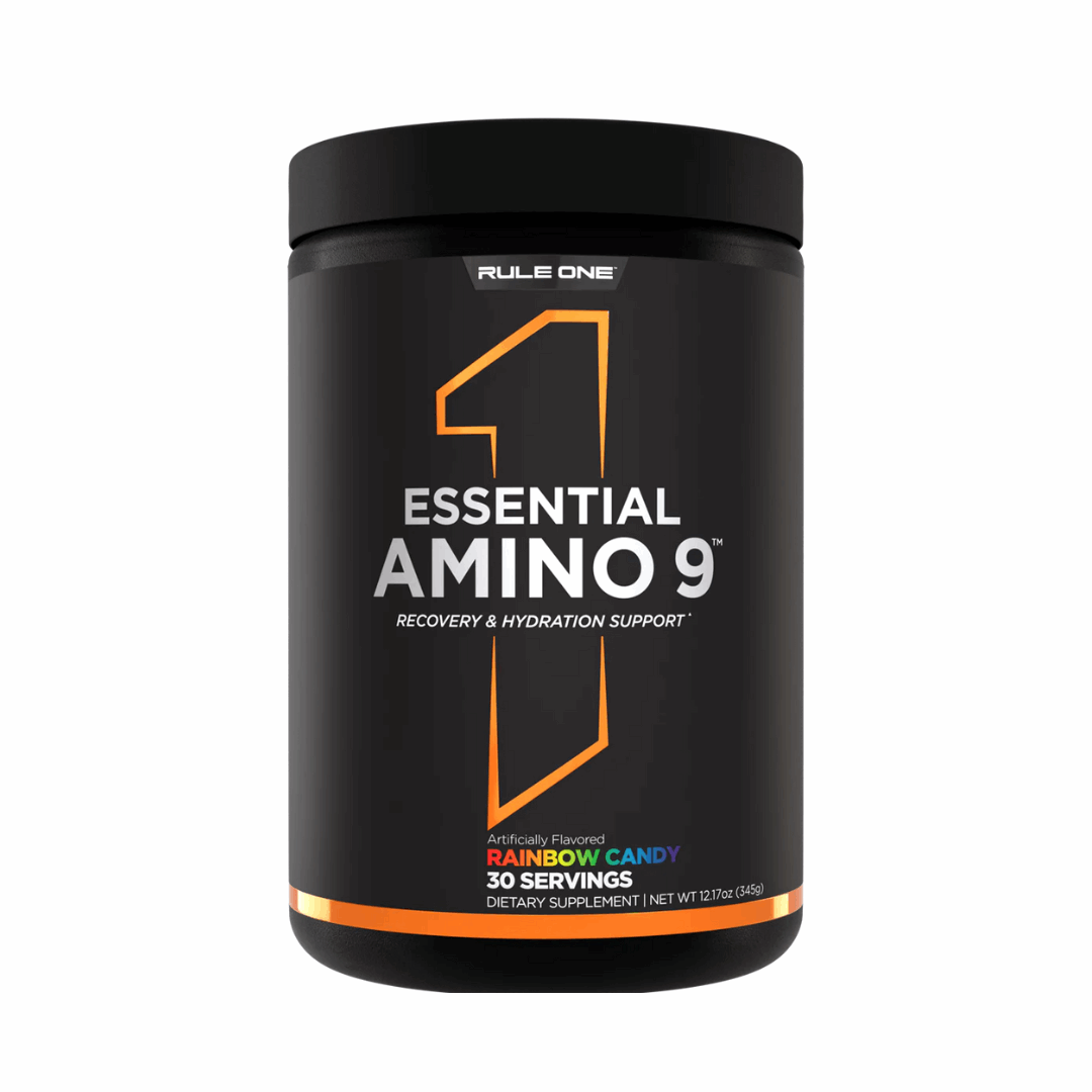 Black container of Rule One Essential Amino 9 supplement on a white background
