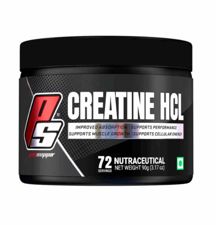 Black container of creatine HCL supplement with a red and white logo on a white background