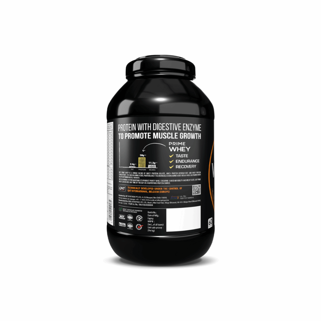 QNT Prime Whey protein supplement with chocolate pieces on a white background