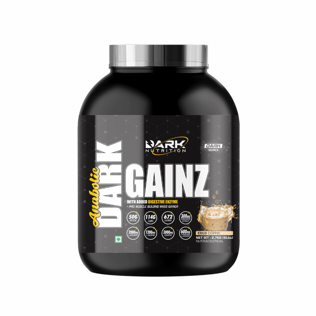 Black supplement container labeled 'Dark Gainz' on a white background