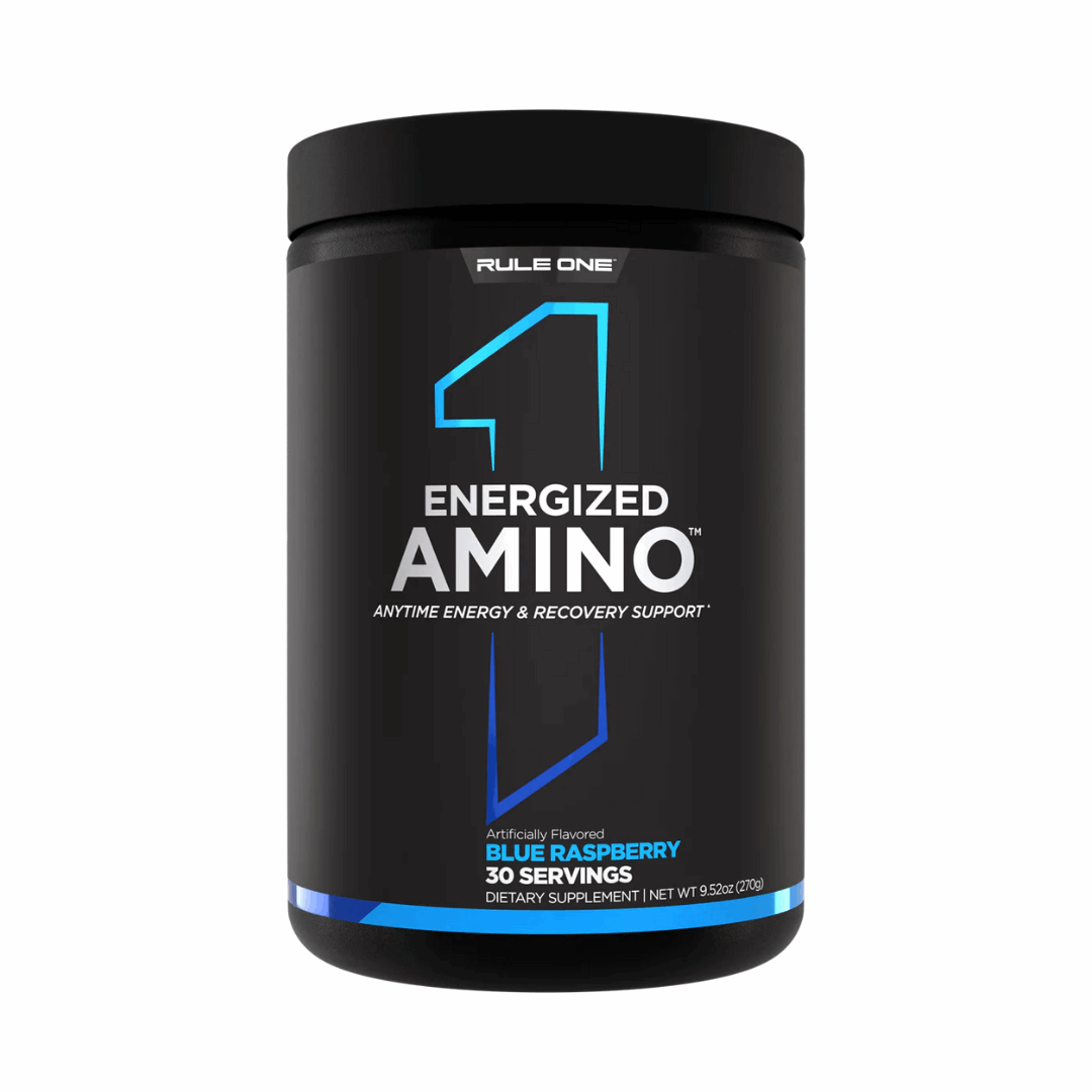 Black supplement container labeled 'Energized Amino' by Rule One on a white background