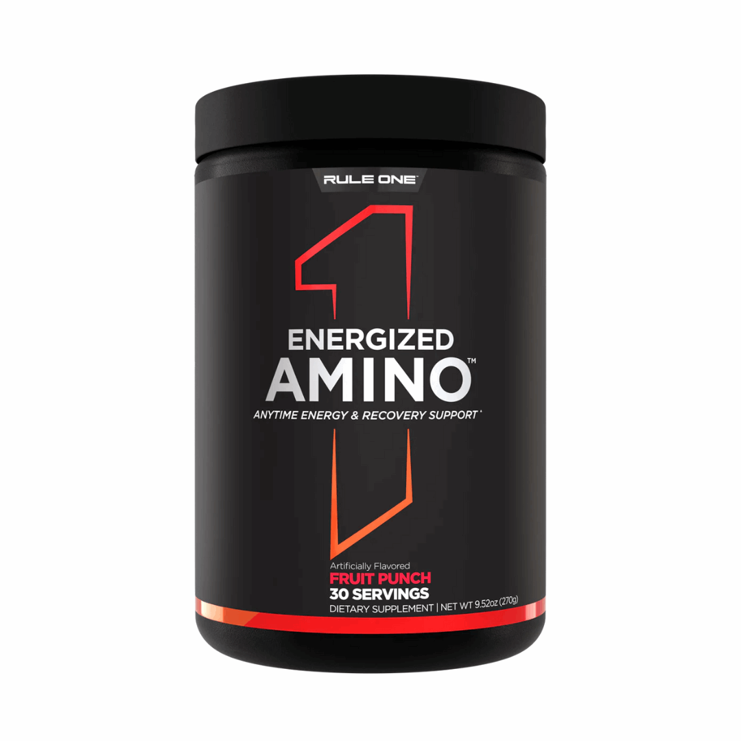 Black supplement container labeled 'Energized Amino' by Rule One on a white background