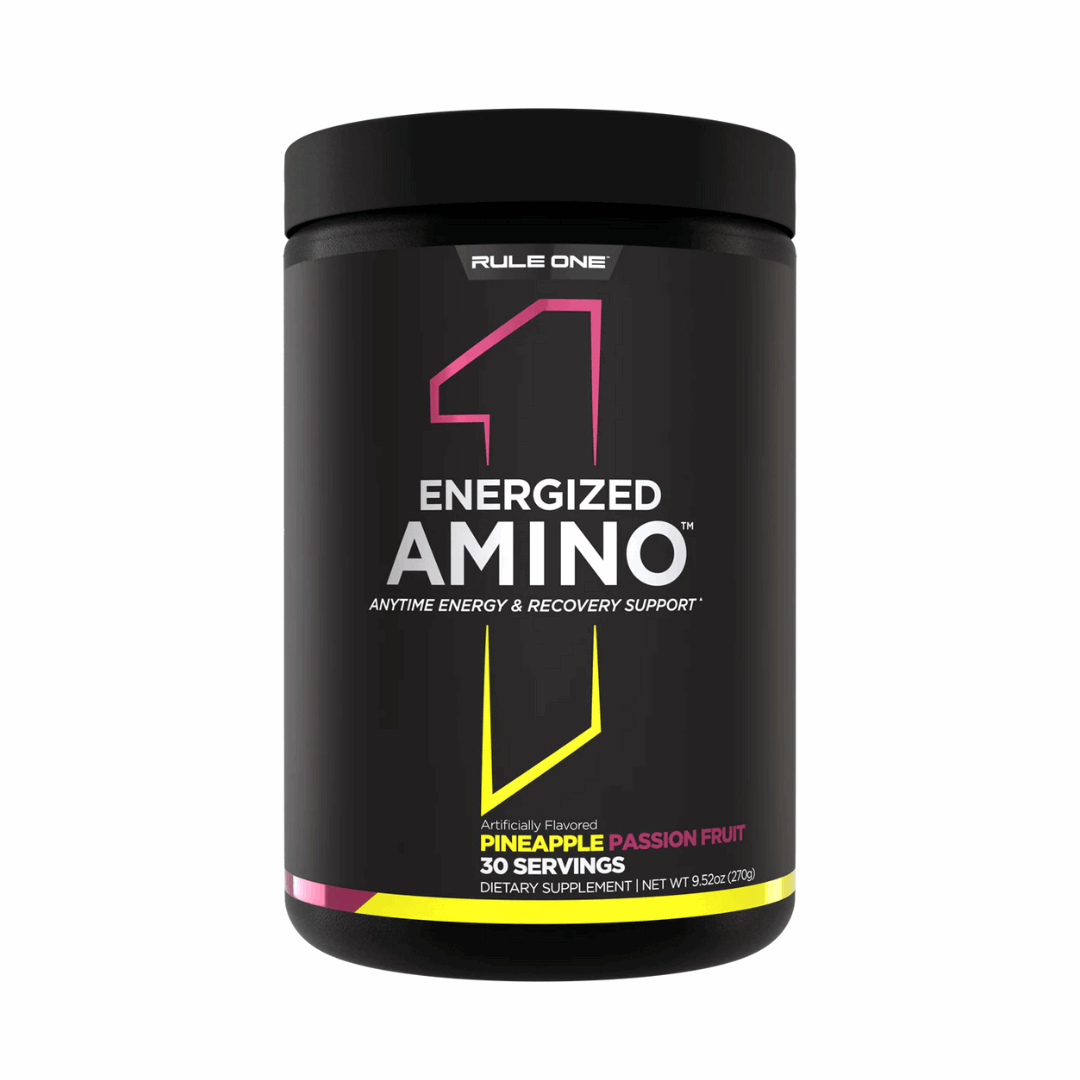 Black supplement container labeled 'Energized Amino' by Rule One on a white background