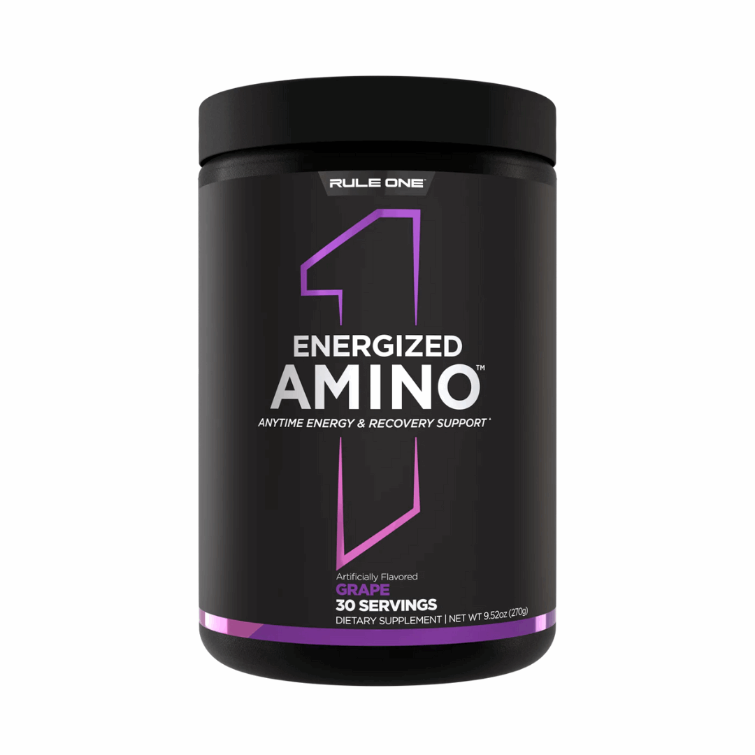 Black supplement container labeled 'Energized Amino' by Rule One on a white background