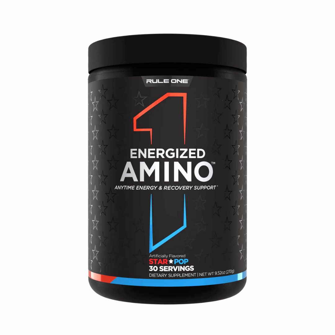 Black container of Rule One Energized Amino supplement on a white background