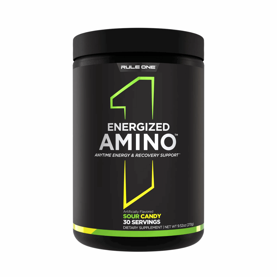 Black supplement container labeled 'Energized Amino' with Rule One branding on a white background.