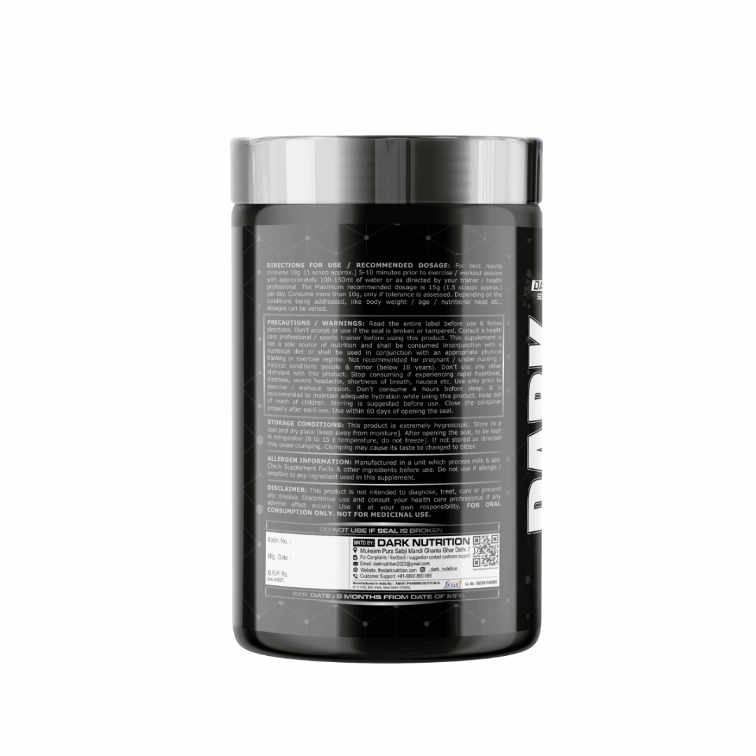 Black supplement container with a label on a white background