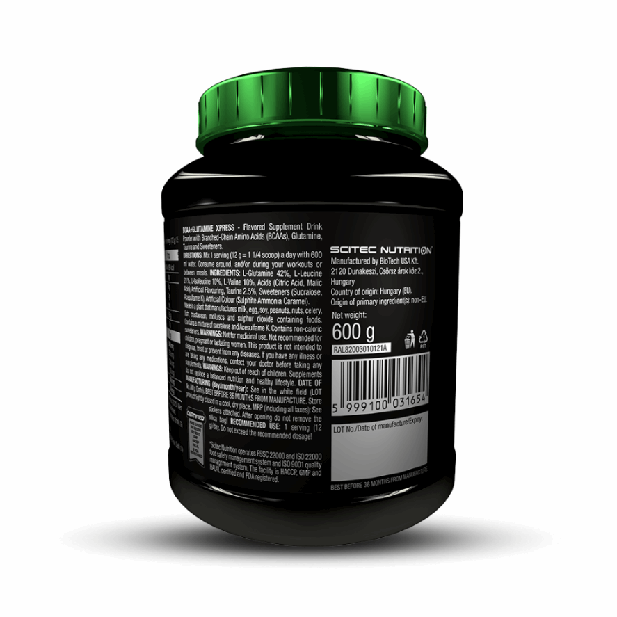 Black supplement container with green lid on a white background