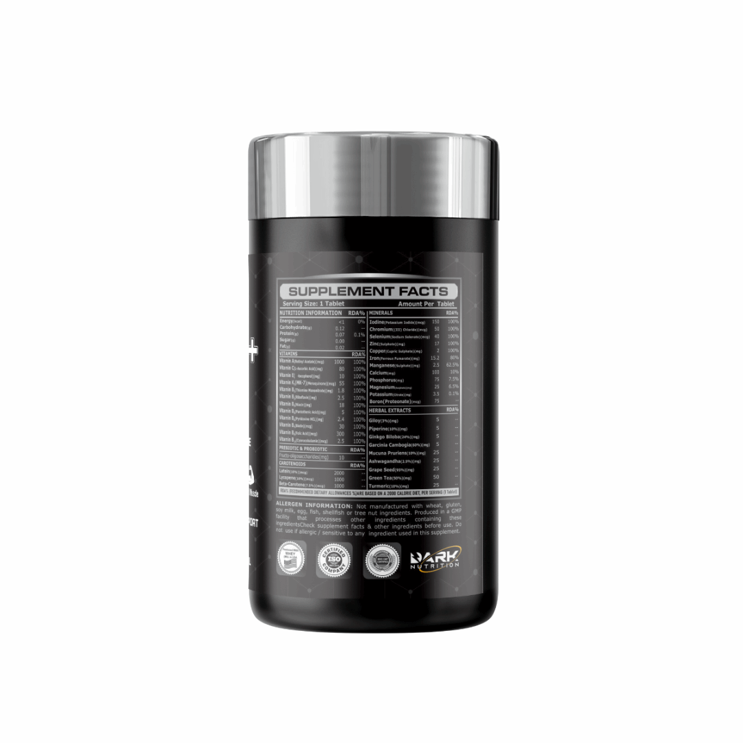 Black supplement container with silver lid on a white background