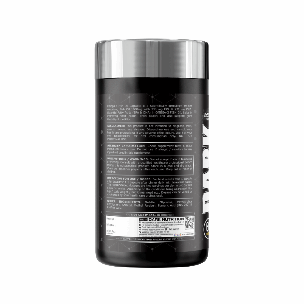 Dark Nutrition Omega-3 Fish Oil supplement bottle on a white background