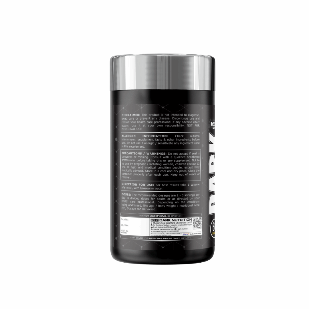 Black supplement container with silver lid on a white background