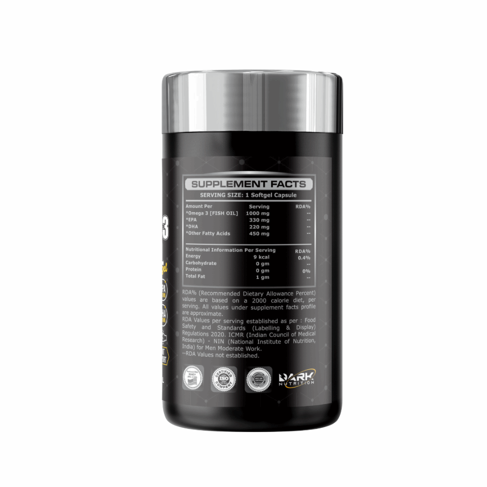 Black supplement container with supplement facts label on a white background