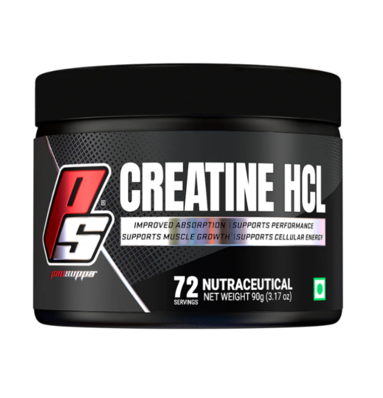 Black container of creatine HCL supplement with a red and white logo on a white background