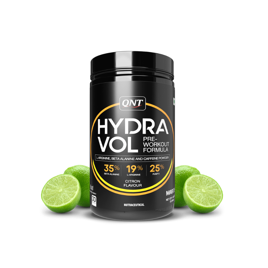 Black pre-workout supplement container with lime slices on a white background