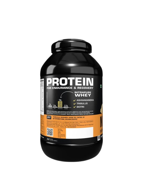 Black protein supplement container with label on a white background