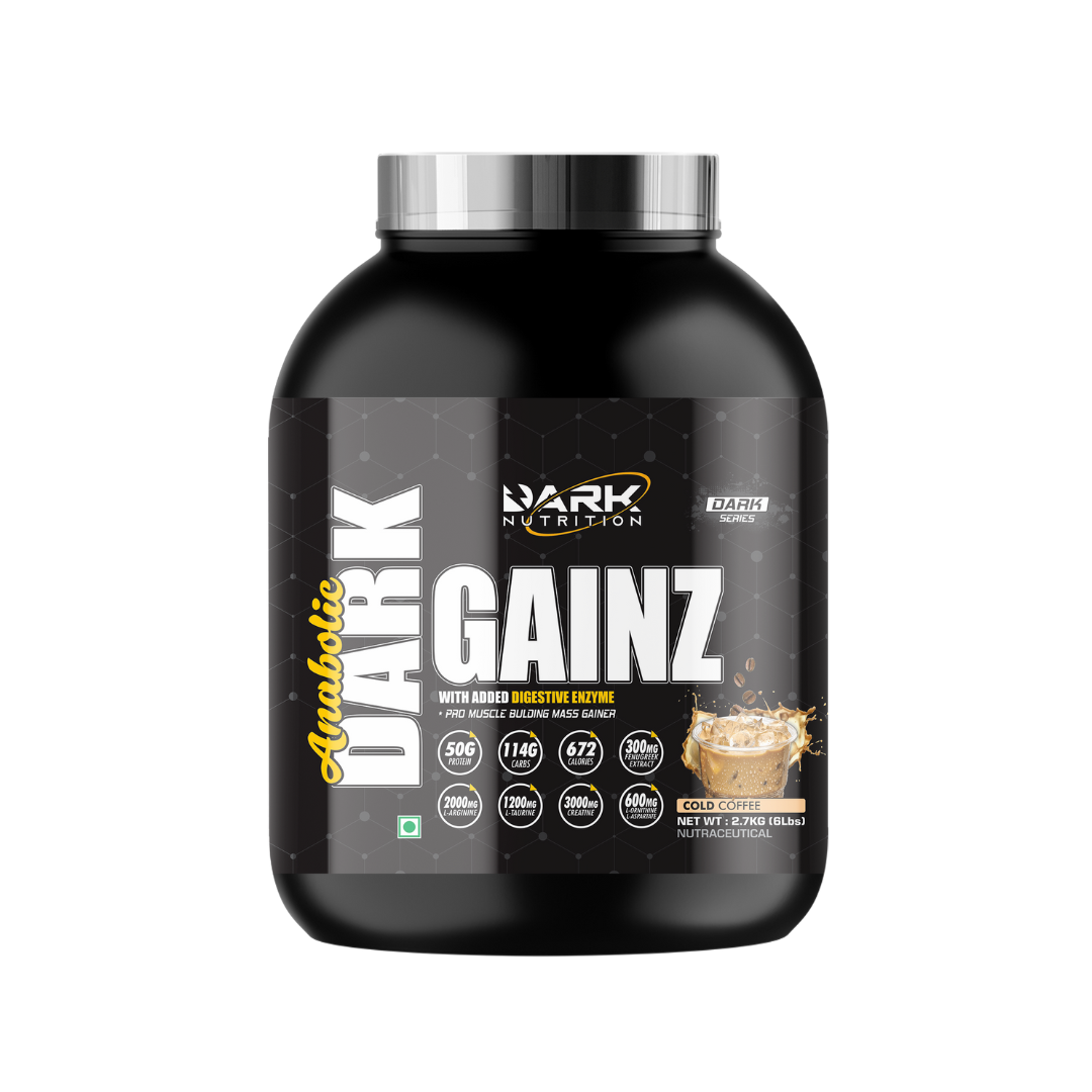 Black supplement container labeled 'Dark Gainz' on a white background