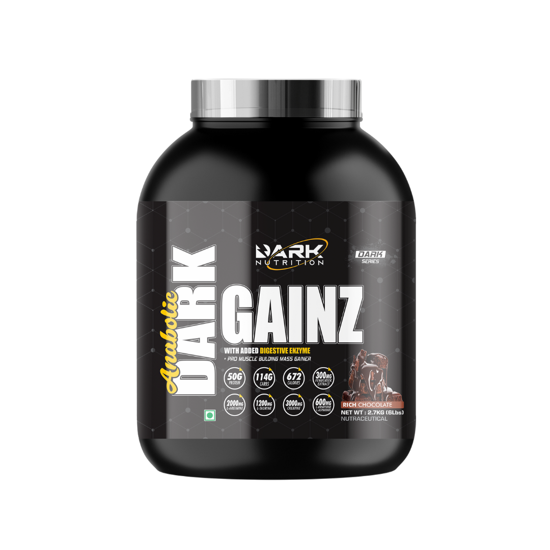 Black supplement container labeled 'Dark Nutrition Gainz' on a white background