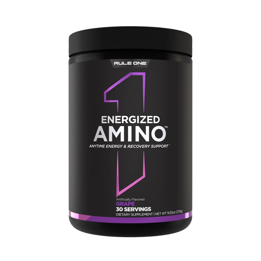 Black supplement container labeled 'Energized Amino' by Rule One on a white background