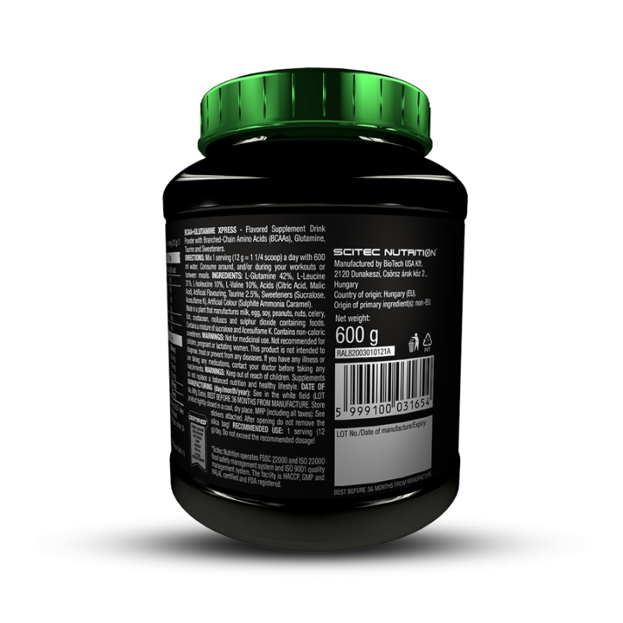 Black supplement container with green lid on a white background