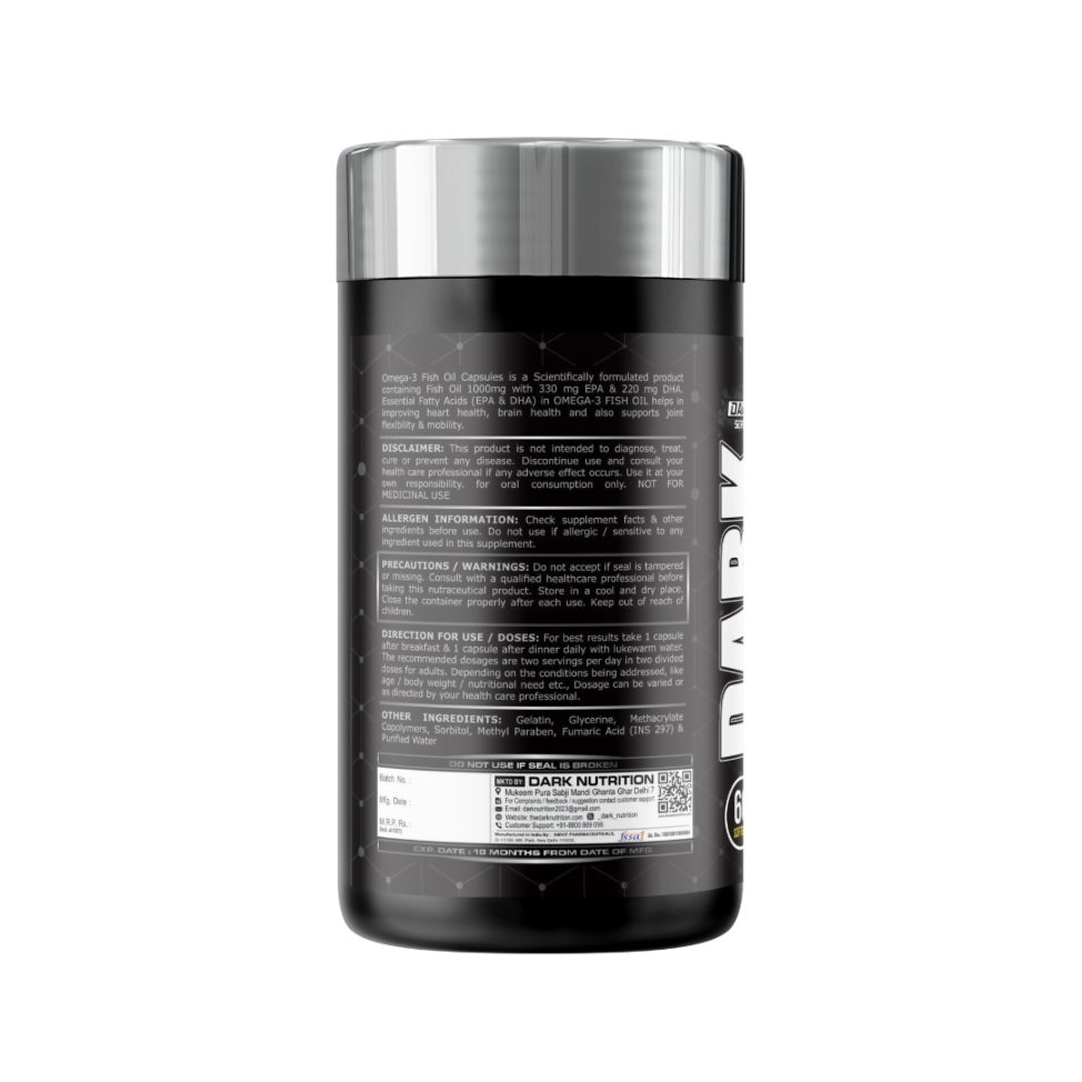 Dark Nutrition Omega-3 Fish Oil supplement bottle on a white background