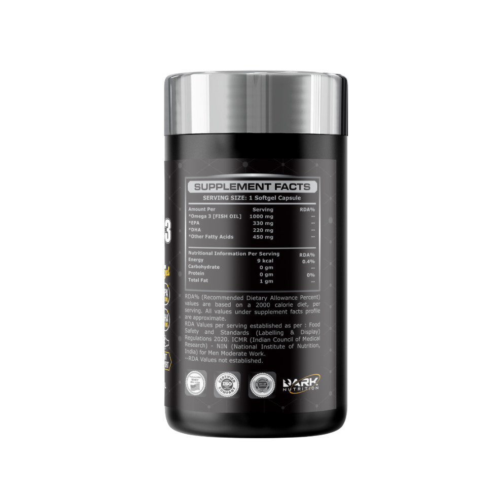 Black supplement container with supplement facts label on a white background