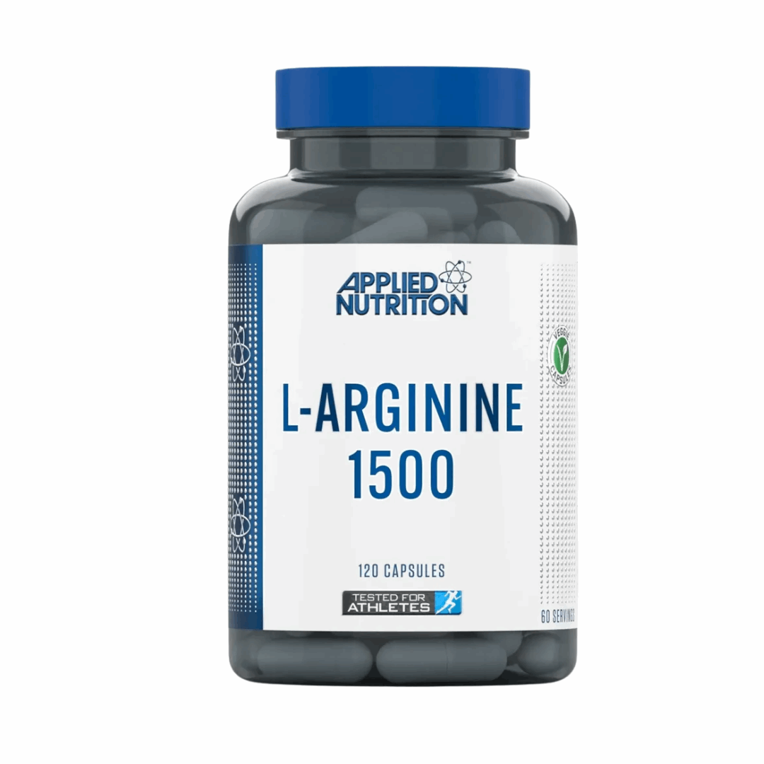 Bottle of Applied Nutrition L-Arginine 1500 capsules on a white background