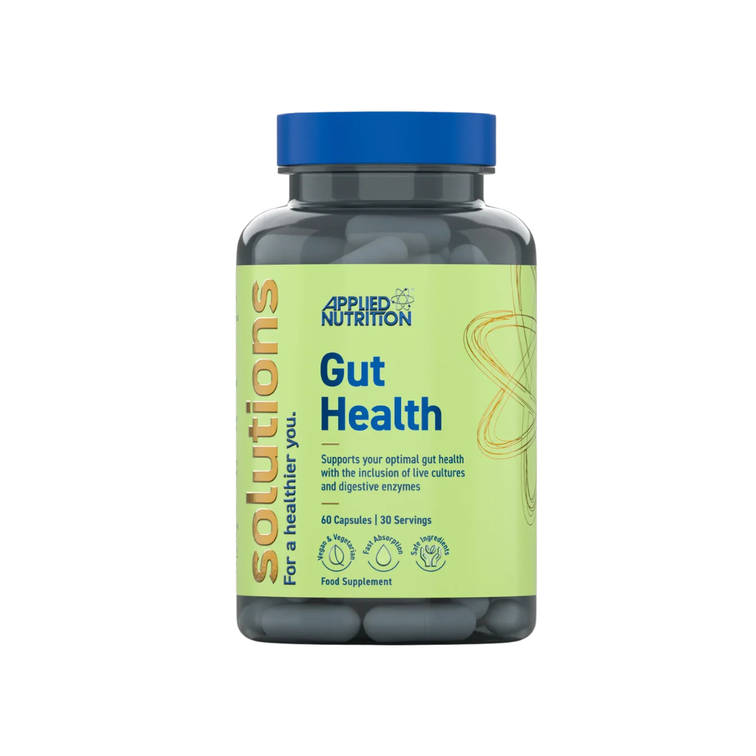Bottle of Applied Nutrition Gut Health supplement on a white background