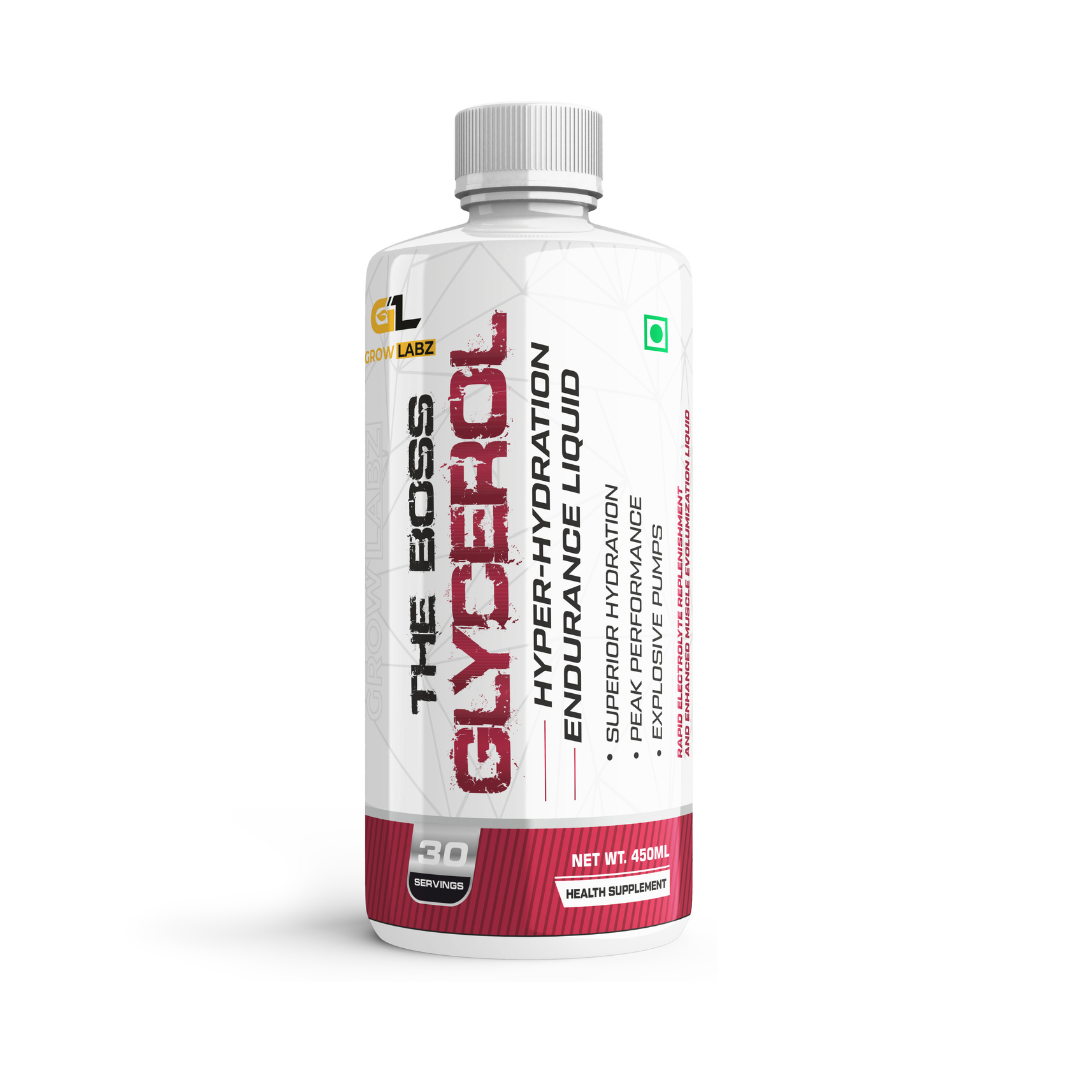 Bottle of 'The Boss Glycerol' hyper-hydration endurance liquid on a white background