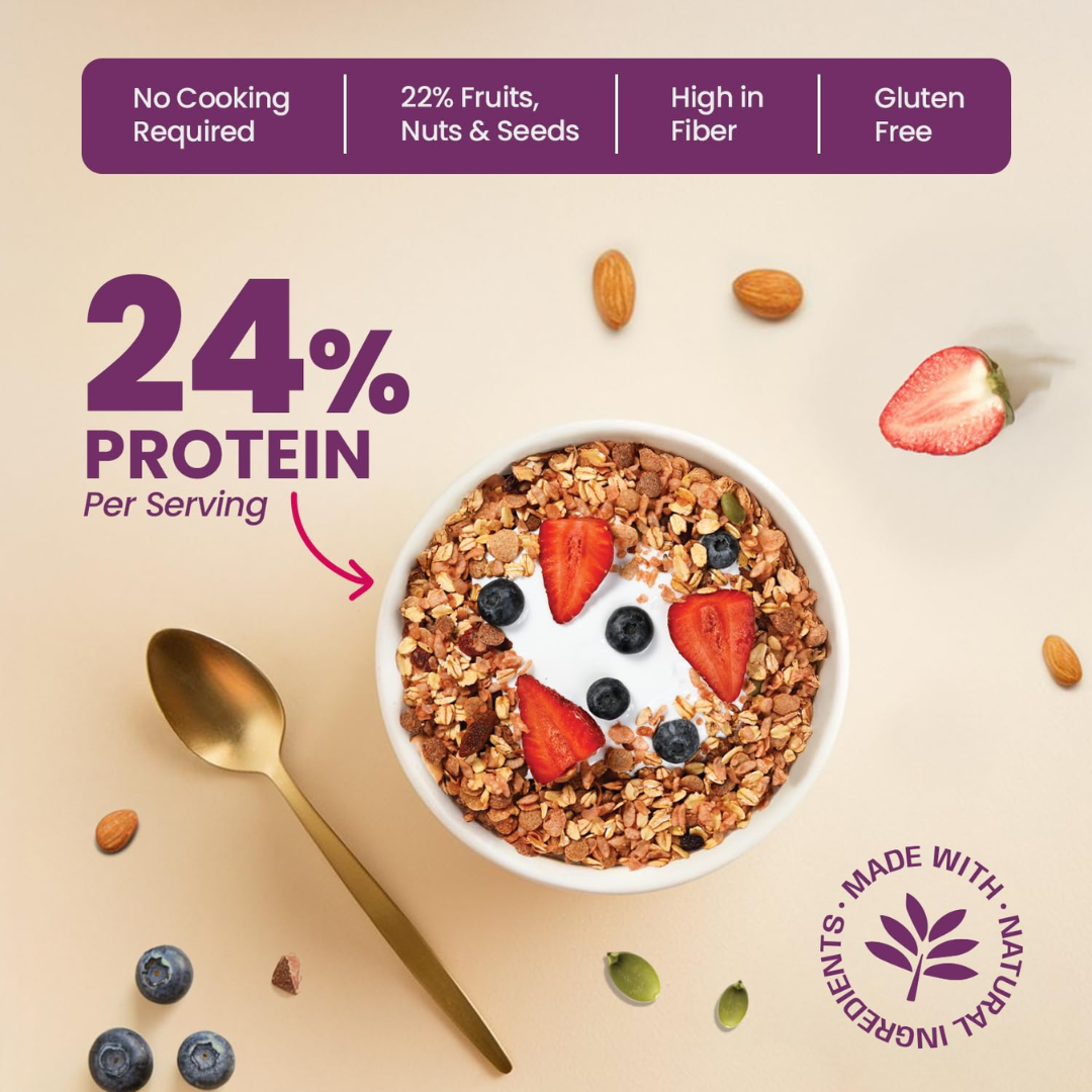 Bowl of granola with yogurt and berries on a beige background, featuring text about nutritional benefits.