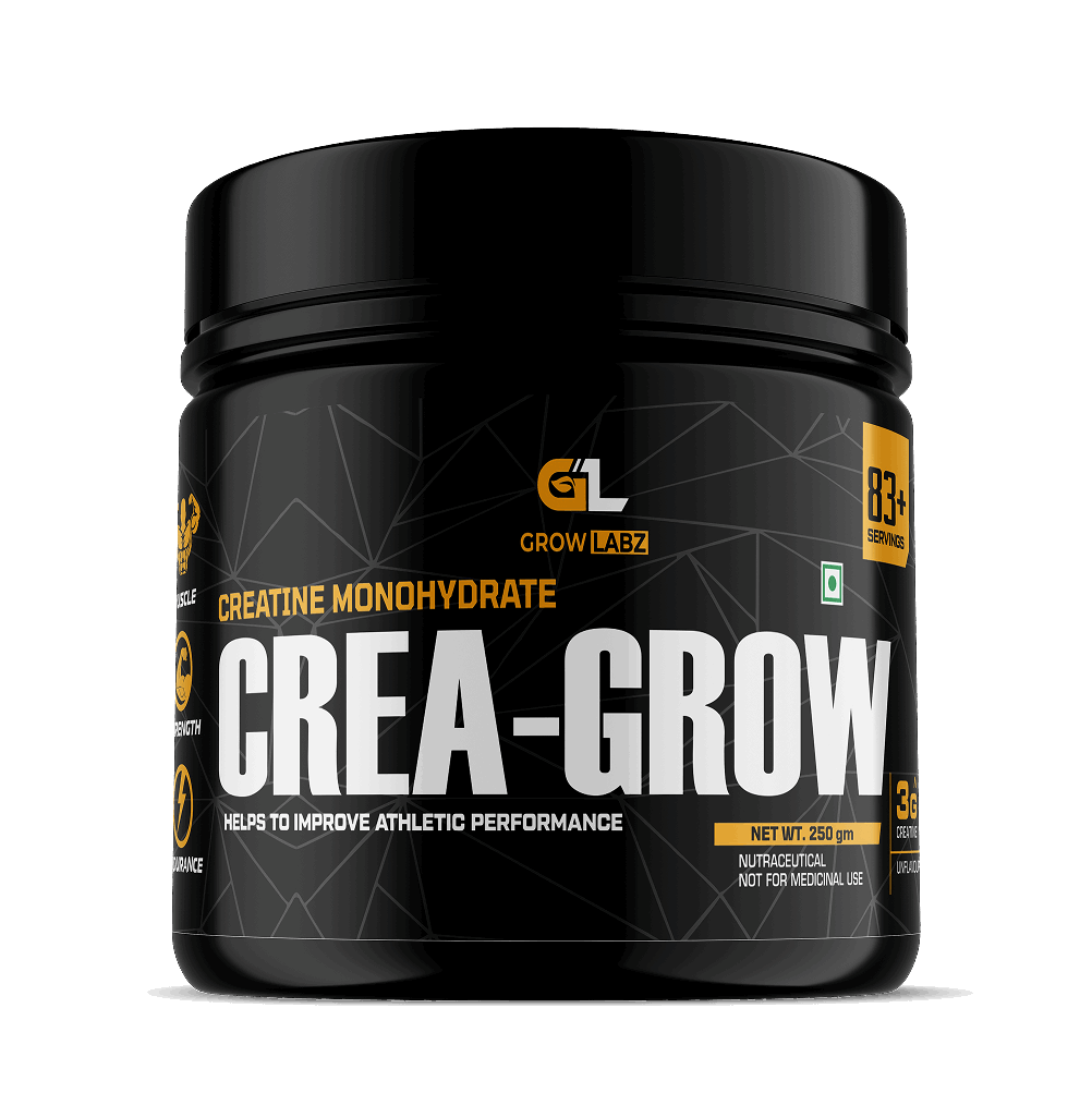 Black container of Crea-Grow supplement with Grow Labz branding on a white background