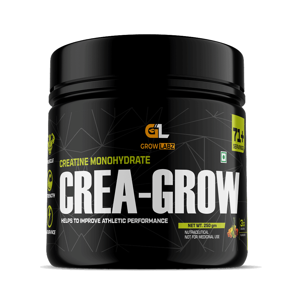 Black supplement container labeled 'CREA-GROW' by Grow Labz on a white background