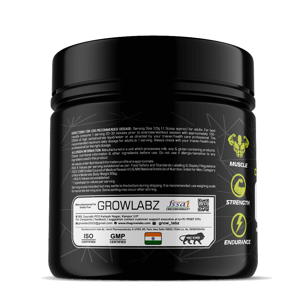 Black supplement container with 'Growlabz' branding and certification logos on a white background