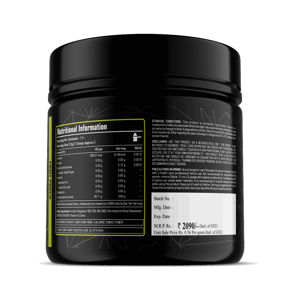 Black supplement container with nutritional information label on a white background