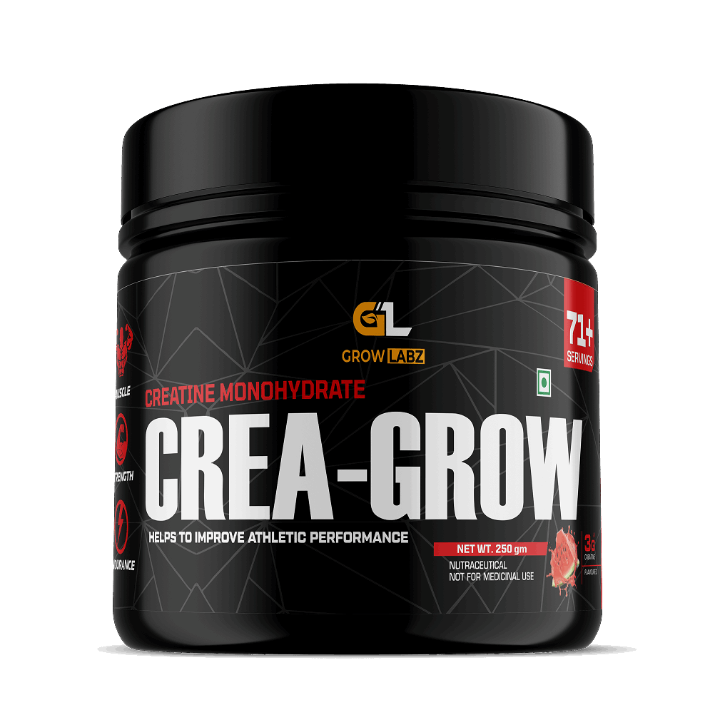 Black container of Crea-Grow supplement with Grow Labz branding on a white background