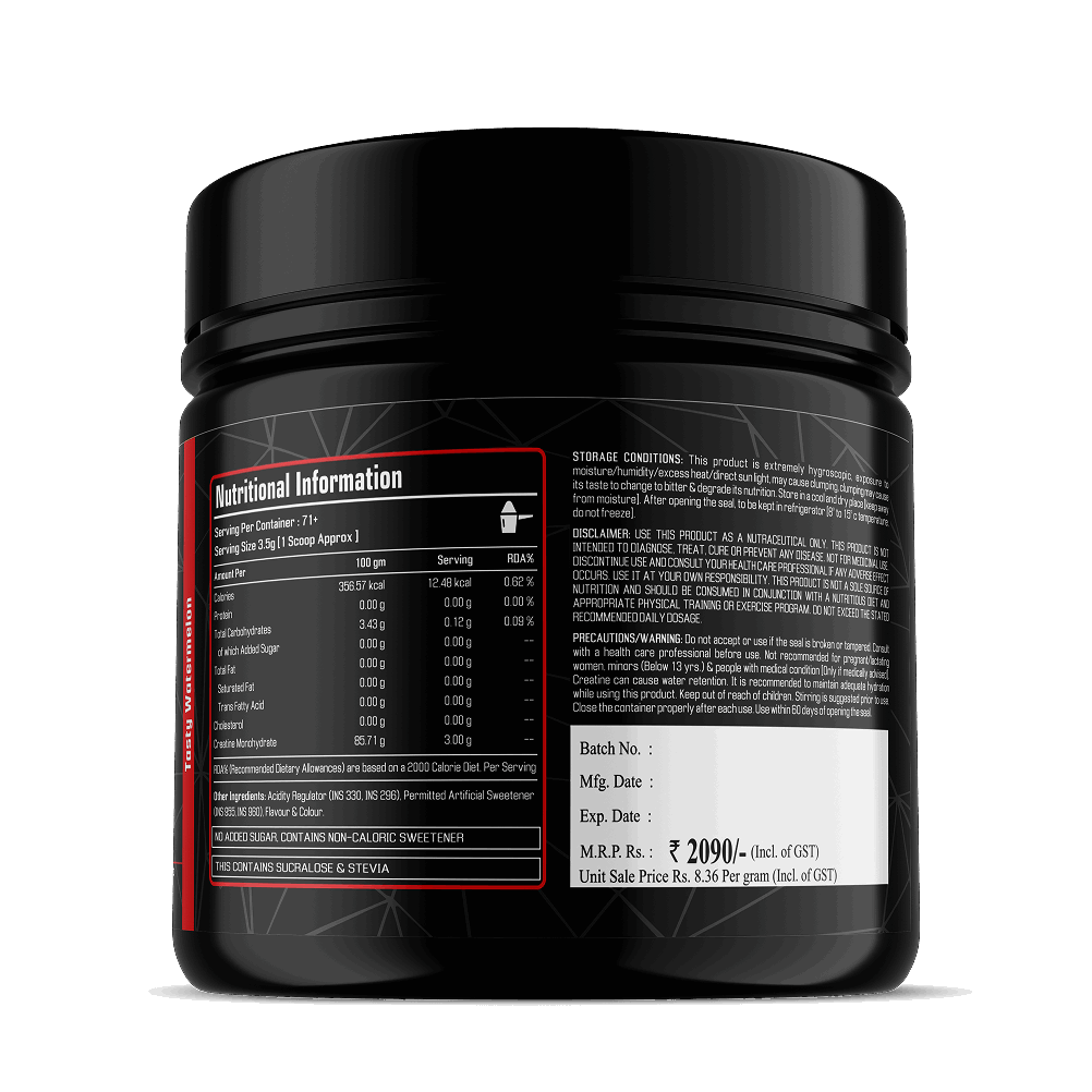 Black supplement container with nutritional information on a white background